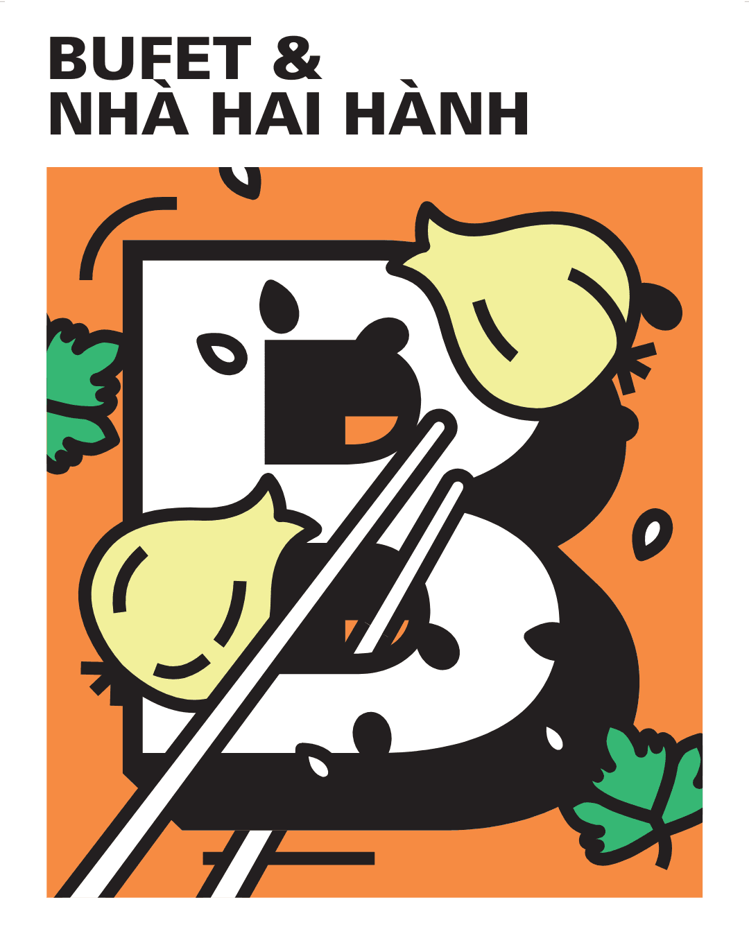 Ilustrace s velkým písmenem „B“, které je obklopené cibulemi, koriandrem a hůlkami – grafický vizuál ke kulinářské akci Bufet & Nhà hai hành.