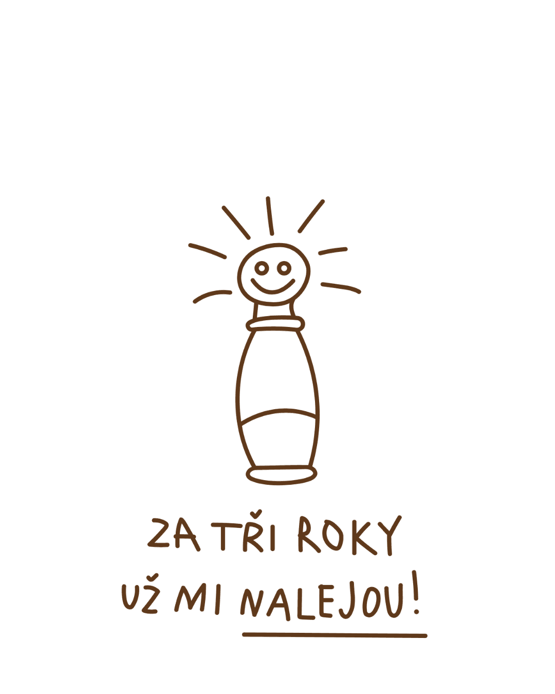 „Ilustrace lahve s usměvavým obličejem a nápisem ‚Za tři roky už mi nalejou!‘.